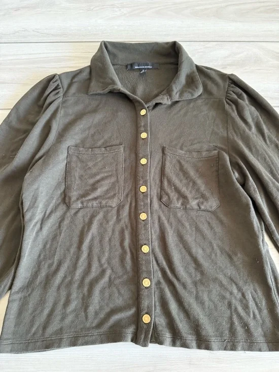 White House Black Market Button Up with Top Gold Buttons Green Medium EUC - Picture 3 of 6